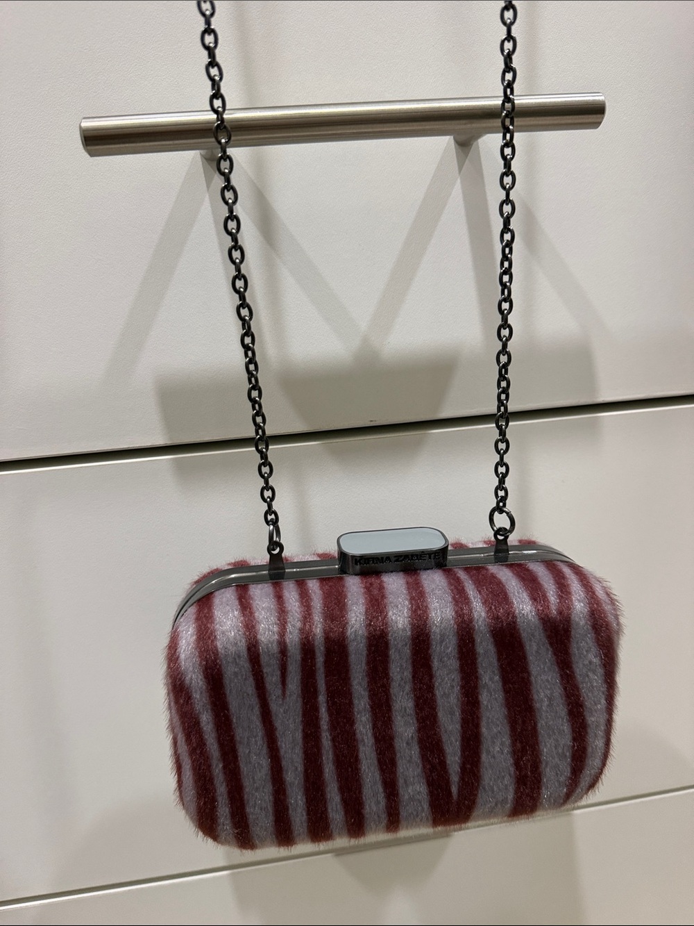 Kirna Zabete Burgundy and Gray Zebra-Stripe Crossbody Clutch